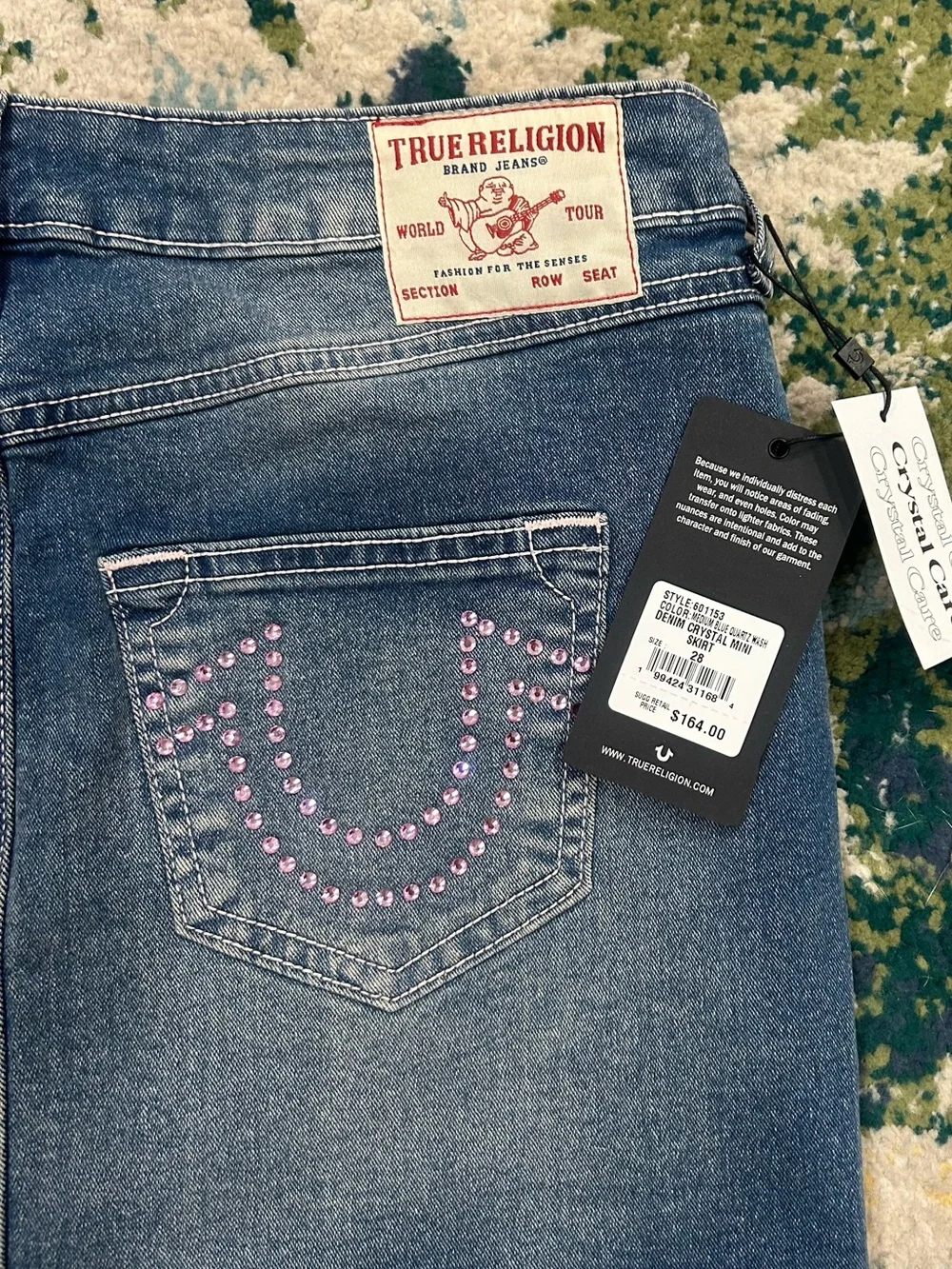NEW $164 True Religion jean denim crystal mini skirt stretch size 28 6